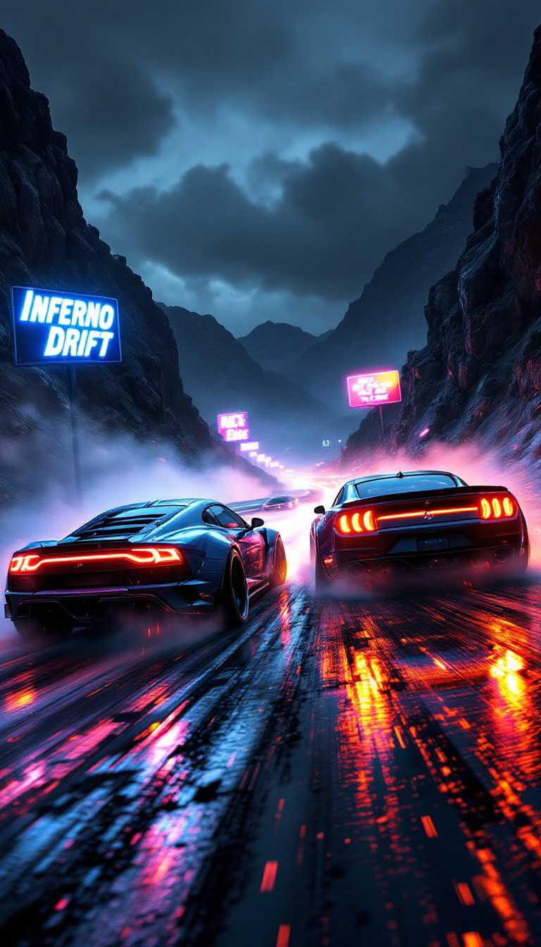 Inferno Drift: The Ultimate Showdown
Subject: Two high-performance cars drift dangerously close to each other on a slick, rain-soaked mountain road. Sparks fly as their tires screech around a sharp turn, headlights cutting through the dense fog. The cars’ neon underglow reflects off the wet pavement, creating a thrilling, high-speed chase scene.
Background: The mountain road is narrow, flanked by rocky cliffs on one side and a steep drop-off on the other. Lightning cracks in the distance, lighting up dark, looming clouds overhead. Neon billboards line the road, glowing faintly through the fog.
Typography: The title “Inferno Drift” is in a bold, slanted Helvetica Bold font, tilted to reflect the speed and movement of the cars. The letters are textured with a gritty, metallic sheen, illuminated by neon streaks, as if speeding through the rain. The tagline, “Ride the Edge,” is in a thinner Microgramma font, underlined by a glowing tire track design.
Style/Effect: Inspired by Fast and Furious cinematography and classic racing posters, the typography feels fast, aggressive, and dynamic, matching the intense energy of the scene.
Medium/Rendering: Modeled in 3ds Max with heavy rain and fog effects rendered in V-Ray. Typography crafted in Illustrator, with neon effects and textures applied in Photoshop.
Cinematography/Camera Details: Shot using a Nikon D850 with a 14-24mm f/2.8 lens, wide-angle to capture the full speed and intensity of the drift. Shutter speed at 1/1000s to freeze the motion of the cars, while the rain and fog blur slightly. The title is placed diagonally across the top left, mimicking the angle of the drift.
Interactive Features: AR-enabled poster allows viewers to experience the drift in real-time with sound effects of screeching tires and roaring engines.
Print/Effect: Spot UV on the neon underglow and tire tracks, giving a glossy finish that contrasts with the gritty metallic texture of the title.