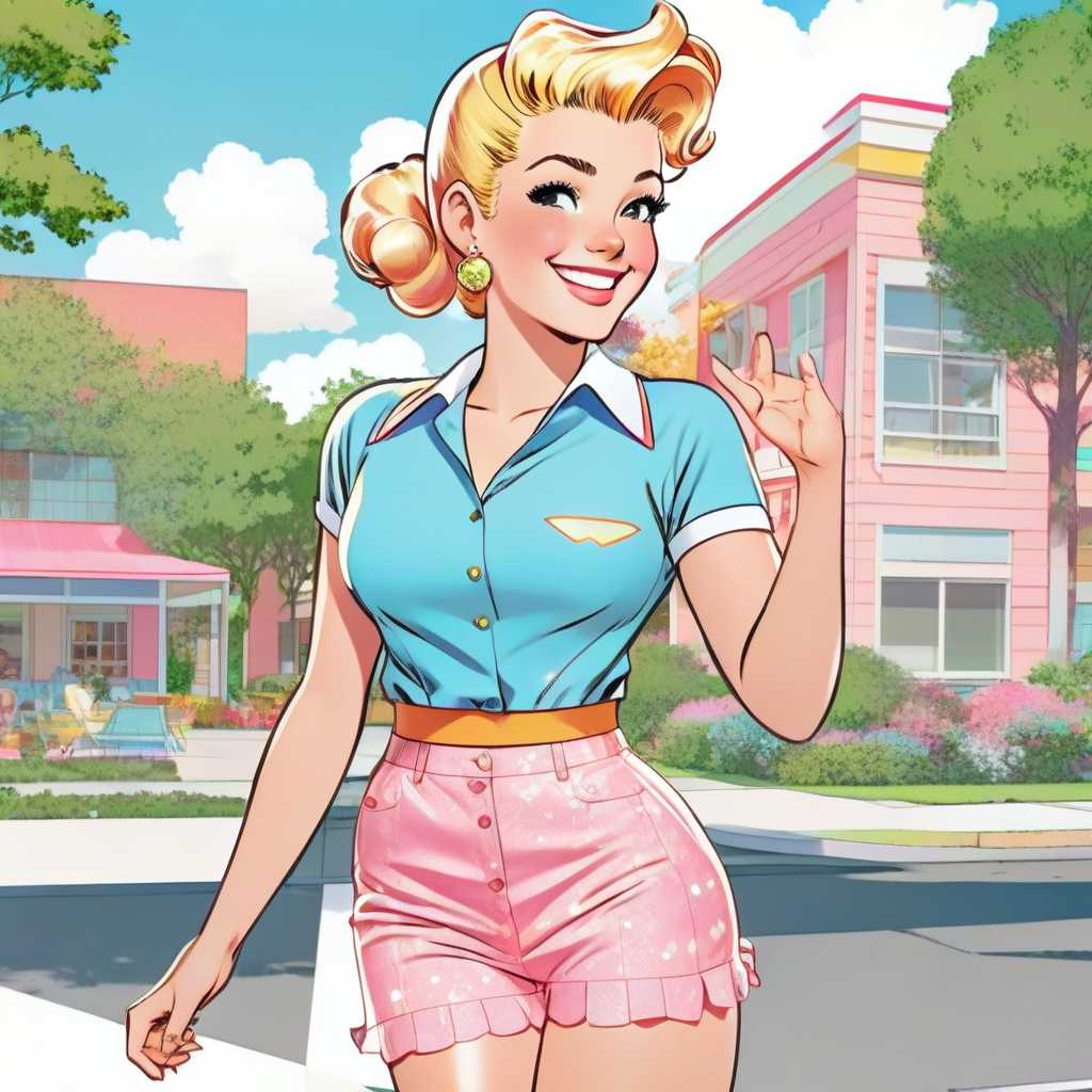Betty from Archie Comics, full body pose waving and smiling warmly at the camera, wearing classic 1950s pastel clothing, blonde hair, ponytail, freckled cheeks, lively eyes, vibrant comic book style with bold outlines, flat colors, outdoors on a sunny day; background: lively suburban street, trees, houses; cheerful, energizing atmosphere, bright daylight