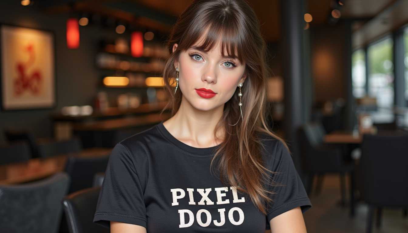 A Portrait photo of TOKSWIFTIE wearing a shirt that reads "PIXEL DOJO"