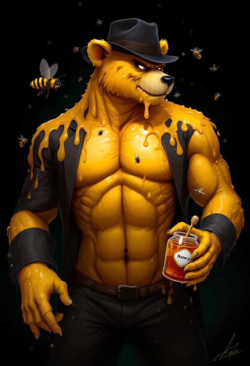 This image is a digital artwork that features a character that appears to be a fusion of a bear and a human, dressed in a dark suit with a fedora hat. The characters skin is a golden yellow, and it has a muscular build, with its chest and arms covered in honey. The honey drips down its body, and there are several bees around, some of which are carrying honey in their stingers.The character is holding a jar of honey in its right hand, which has a label that reads Honey. The jar is also covered in honey, with a honey dipper sticking out of it. The background is dark, with a few bees flying around, and the overall atmosphere of the image is quite ominous.The art style is quite detailed and realistic, with a high level of texture and shading that gives the image a threedimensional feel. The colors are rich and vibrant, with the golden yellow of the characters skin standing out against the dark background. The honey has a glossy sheen, and the bees have intricate details, such as their wings and stingers.Overall, the image is a striking and imaginative piece of digital art that combines elements of fantasy and horror, creating a unique and memorable character that is sure to leave a lasting impression.