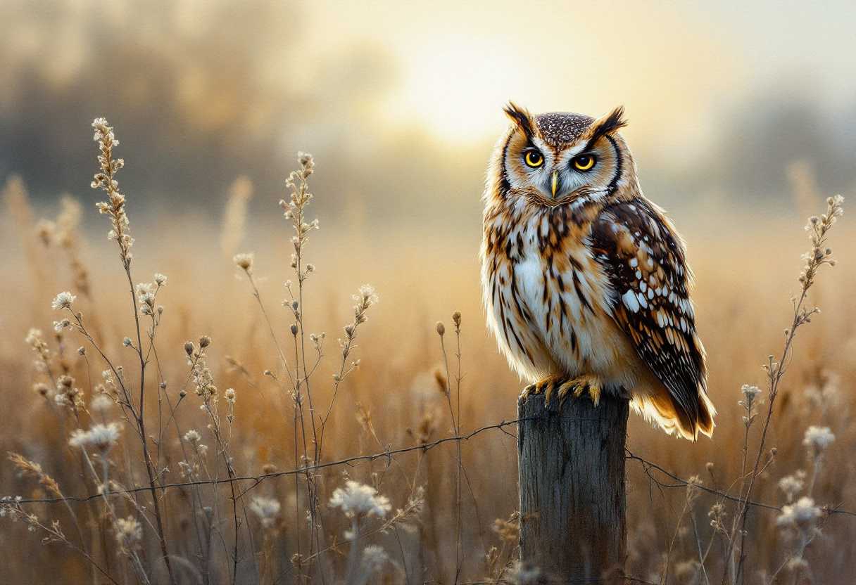 A tawny owl sitting on a fence post, one eye open, one eye closed. Tall grass and dried flowers, bg misty dawn with a hint of sunrise, oil and alcohol ink
