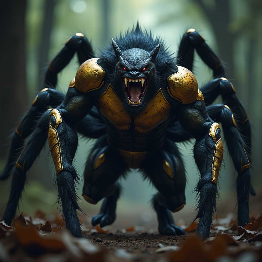 An imposing spiderlike creature with a menacing demeanor confronts the viewer