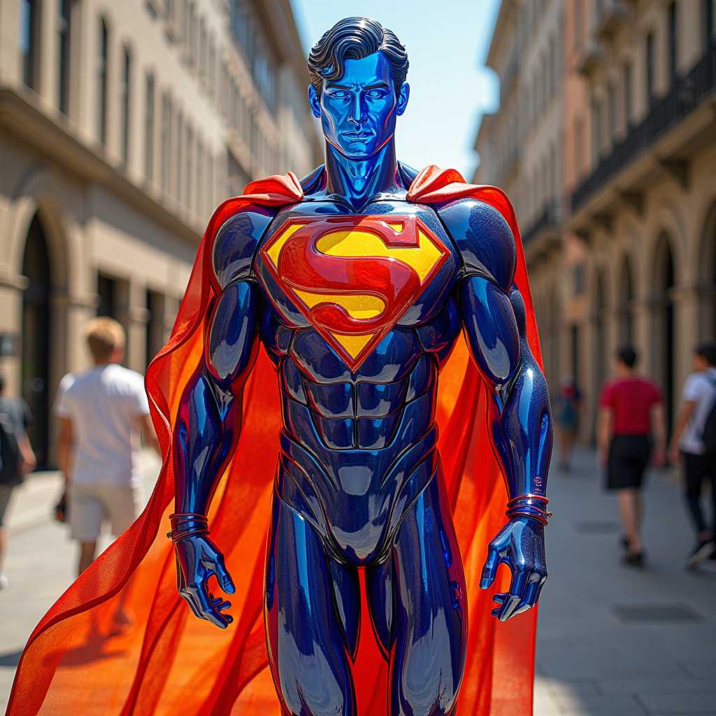Image of a Superman made completely of brilliant and vibrant glossy glass, inspired by Dale Chihuly glass artist style.