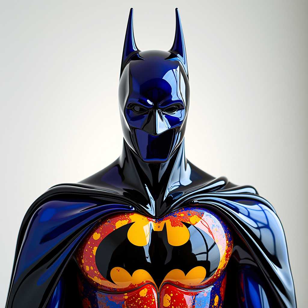 Image of a batman made completely of brilliant and vibrant glossy glass, inspired by Dale Chihuly glass artist style.