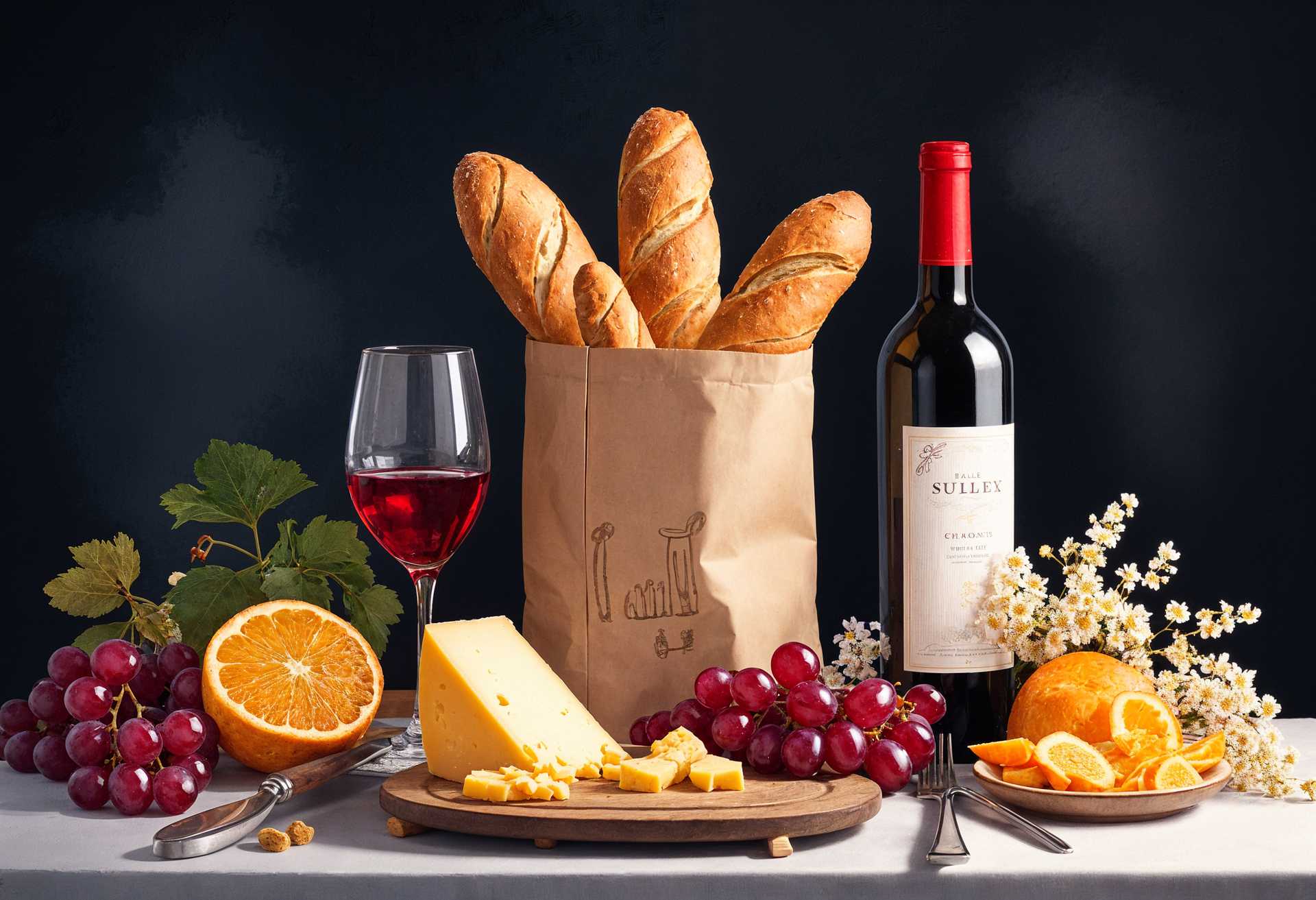 AI-generated image: Create a still life image featuring a variety of objects including bread in a bag, a bottle of wine,