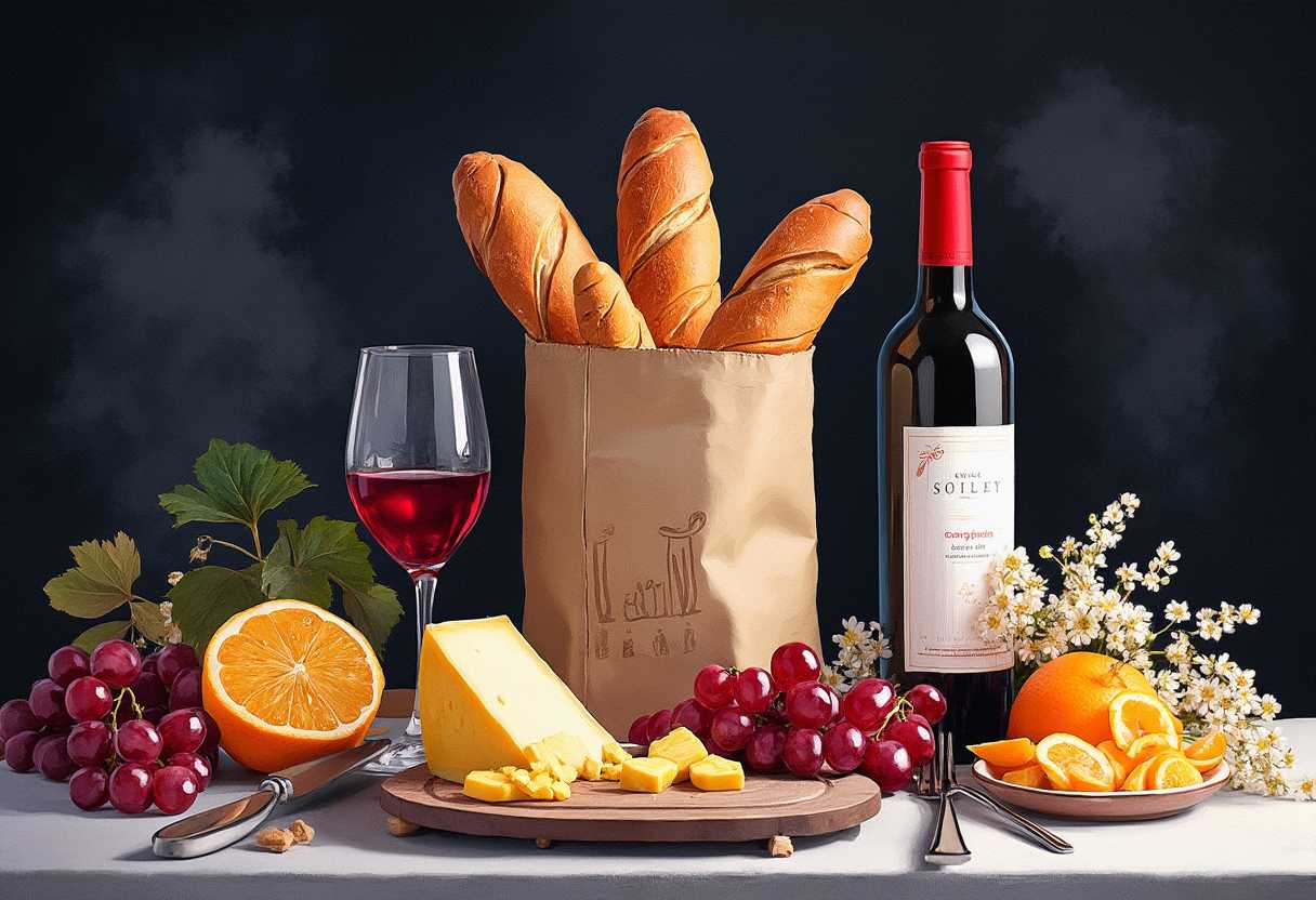 Create a still life image featuring a variety of objects including bread in a bag, a bottle of wine, a glass filled with red wine, cheese, grapes, flowers, and cutlery. The style should be watercolor and alcohol ink with a dark gradient background to enhance the contrast and depth of the composition.