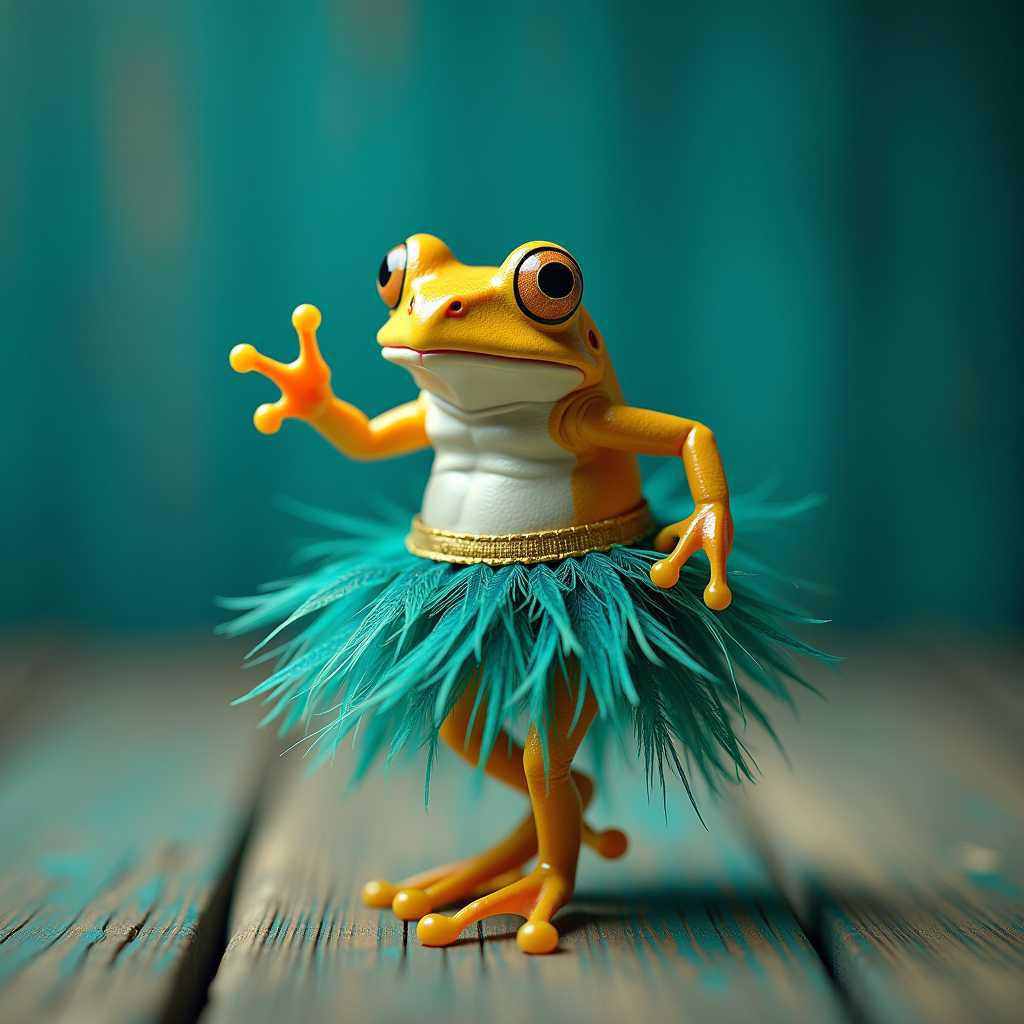 Hyperrealism, cinematic, HD quality, bluish homogeneous background, close-up shot of a yellow-turquoise frog dancing on two legs on a wooden floor, wearing a peacock feather outfit.