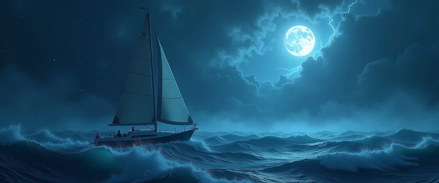 angry lightning in sky, waves tossing a sailboat too and rough on a starless misty moon night