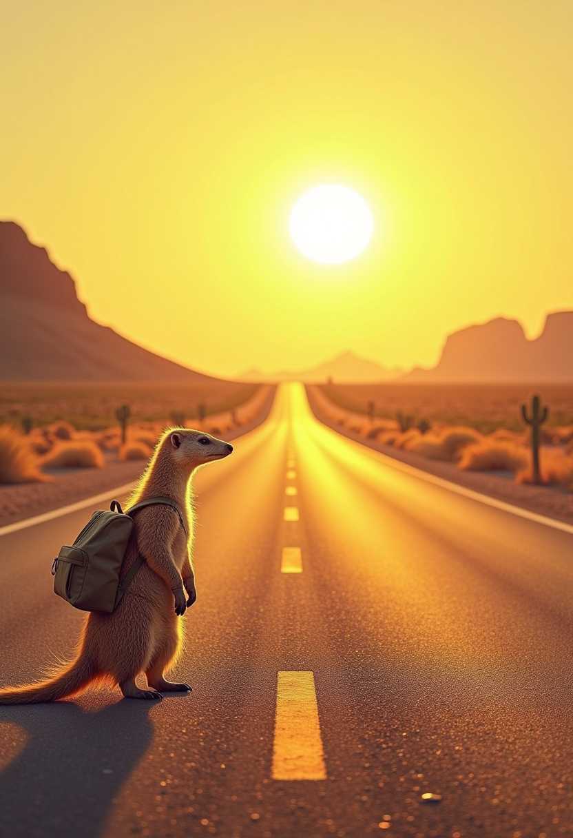 A sun-soaked highway stretching into the horizon, with a curious anteater standing by the roadside. It has a small backpack slung over its shoulder, looking hopeful and ready to hitchhike. The heat shimmers above the pavement, and sparse desert plants dot the landscape, adding to the warm atmosphere. The scene conveys a sense of adventure and whimsy.
