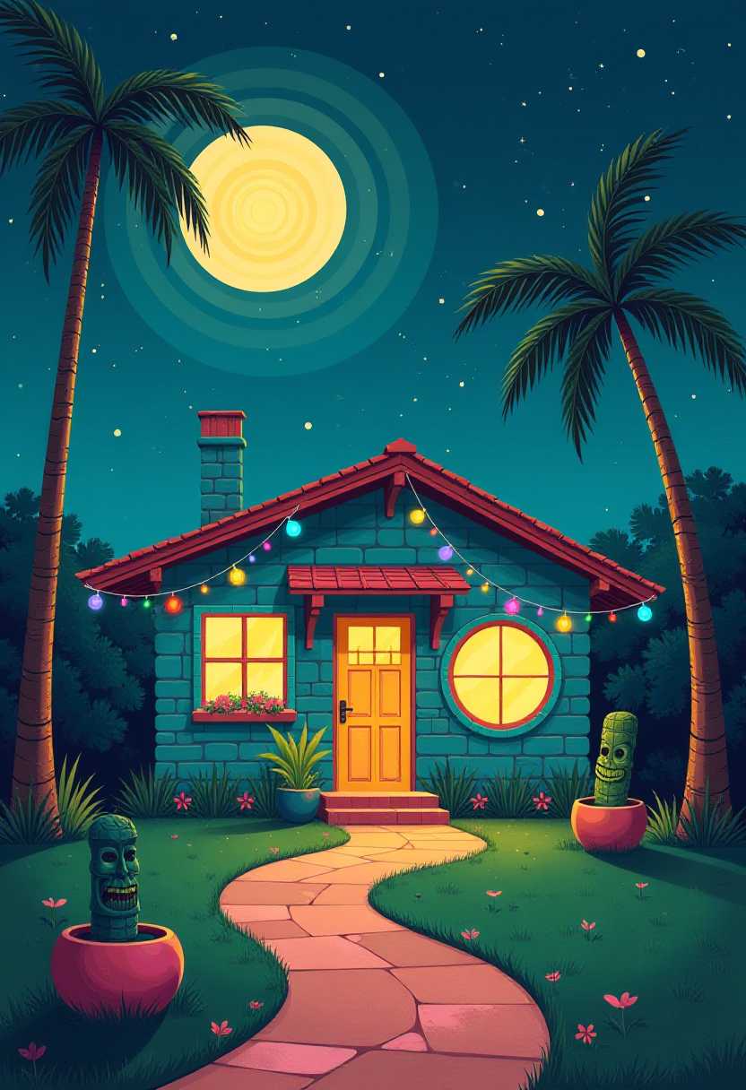 Cozy Tropical Night House with Festive Lights and Palm Trees