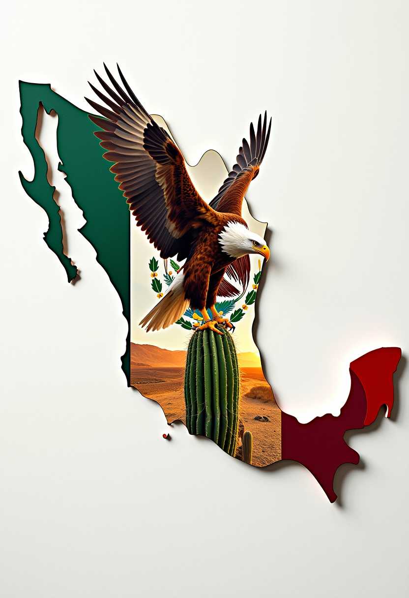 Mexican Map Adorned with National Symbolism, Featuring an Eagle and a Cactus