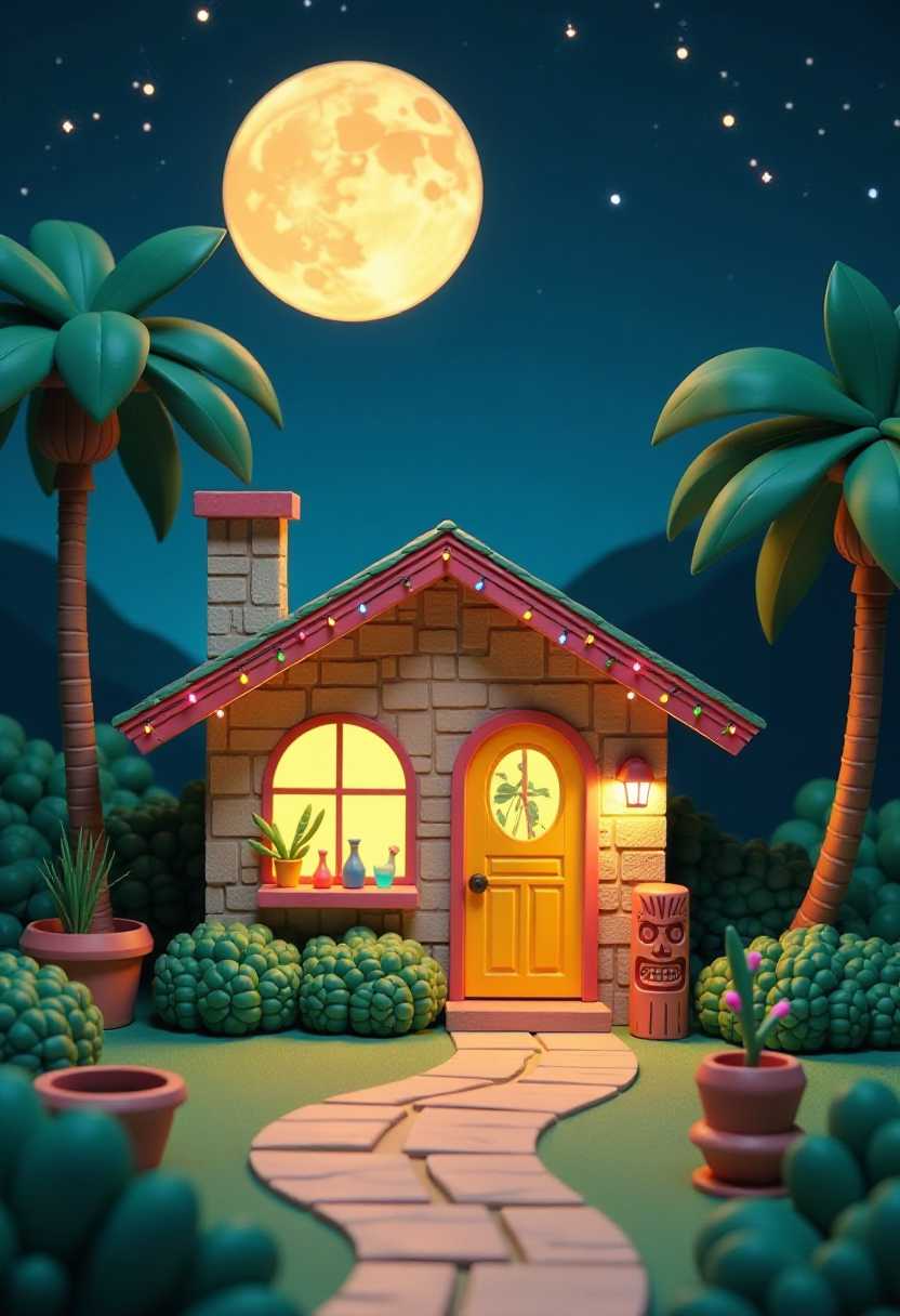 This image features simplified 3d characters and scenery that appears to be painted wooden figures or puppets without strings. This image is a stylized representation of a tropical night scene. The art style is reminiscent of midcentury modern design with a touch of whimsy and surrealism. The medium appears to be a form of illustration, possibly done digitally or with traditional drawing techniques that have been scanned and manipulated.The colors are vibrant and rich, with a predominance of blues, greens, yellows, and pinks. The night sky is a deep navy blue, speckled with stars and a large, glowing moon that casts a serene light on the scene. The moon is depicted with concentric circles, giving it a dynamic and almost pulsating appearance.In the foreground, there is a charming, singlestory house with a sloped roof and a stone facade. The house is adorned with a string of colorful lights, and the windows are aglow with warm light, suggesting a cozy, inviting atmosphere inside. The house has a distinctive, rounded chimney and a large, circular window on the side, which is decorated with a tropical motif.In front of the house, there is a pathway made of stepping stones leading to the welcoming yellow door. On the left side of the pathway, there is a small, round planter with a green plant, and on the right, there is a larger planter with a tall, slender plant and a small, round, tikilike figure.The house is surrounded by lush tropical foliage, including palm trees and what appears to be a variety of shrubs and plants. The trees are depicted with a stylized simplicity, with their silhouettes outlined against the night sky.Overall, the image exudes a sense of tranquility and warmth, inviting the viewer to imagine themselves in this idyllic, tropical night setting.