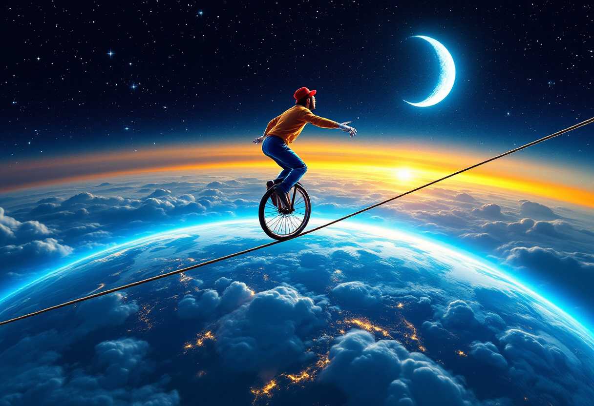 Side view of a man, clad in blue pants, yellow top, red hat and white gloves, riding a unicycle on a tightrope high above the Earth. His arms are extended, emphasizing the need for equilibrium on the tightrope. The surrounding sky is studded with stars and the crescent moon give off an ethereal light. The earth appears below, shrouded in clouds with a clear curvature and an enveloping blue to orange light.
