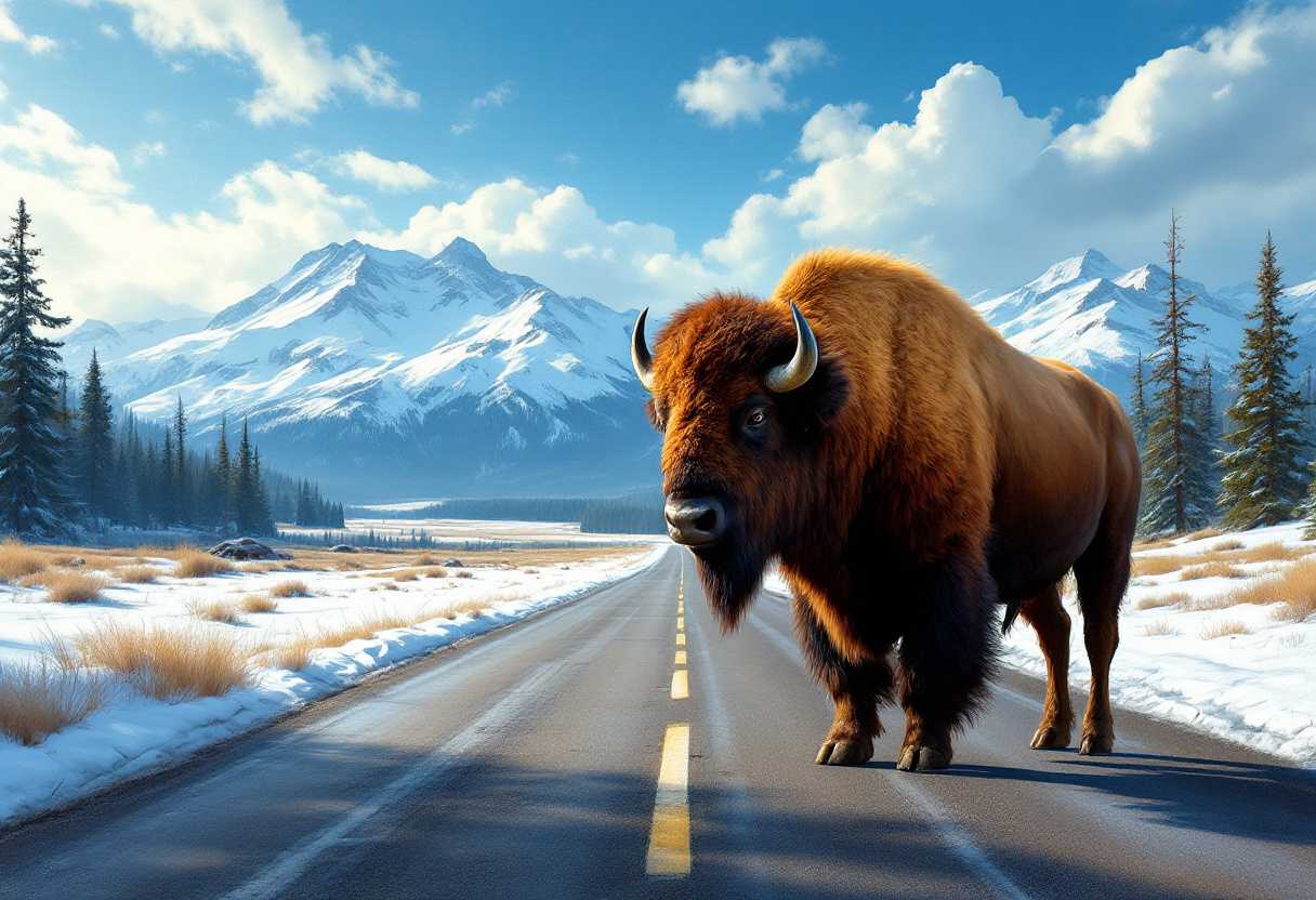 This image captures a moment of natural beauty and wildlife in a stunning landscape. The art style is realistic with a touch of impressionism, as evidenced by the vivid colors and the play of light and shadow. The medium appears to be a highresolution photograph, given the clarity and detail in the image.The colors in the image are rich and varied, with the dominant hues being the deep browns of the bison, the stark whites of the snow, and the blues of the sky. The contrast between these colors creates a striking visual impact. The road is a dark grey, which provides a neutral backdrop that allows the viewer to focus on the bison and the surrounding landscape.The objects in the image are as follows1. The bison is the central figure of the image. It is a large mammal with a robust build, covered in a thick coat of brown fur. The bisons head is turned slightly towards the camera, revealing its profile and horns. Its presence in the middle of the road creates a sense of stillness and focus in the composition.2. The road is a straight, paved road that cuts through the landscape. It is bordered by snowcovered verges and a line of yellow dashed markings that indicate the center of the road. The road leads towards the distant mountains, suggesting a journey or a path through the wilderness.3. The mountains in the background are majestic and towering, with snowcapped peaks. They are a mix of blue and white, with the blue indicating the rocky terrain and the white representing the snow. The mountains are the focal point of the image, providing a sense of grandeur and scale.4. The sky is a clear blue with wispy clouds scattered across it. The clouds are white and fluffy, adding a sense of lightness and airiness to the sky.5. Surrounding the road are patches of snowcovered ground and dry, brown vegetation. The vegetation is sparse and appears to be in a dormant state, consistent with the winter season.Overall, the image conveys a sense of tranquility and the raw beauty of nature, with the bison serving as a symbol of wildlife and the untamed wilderness. The composition and colors work together to create a compelling and visually engaging scene.