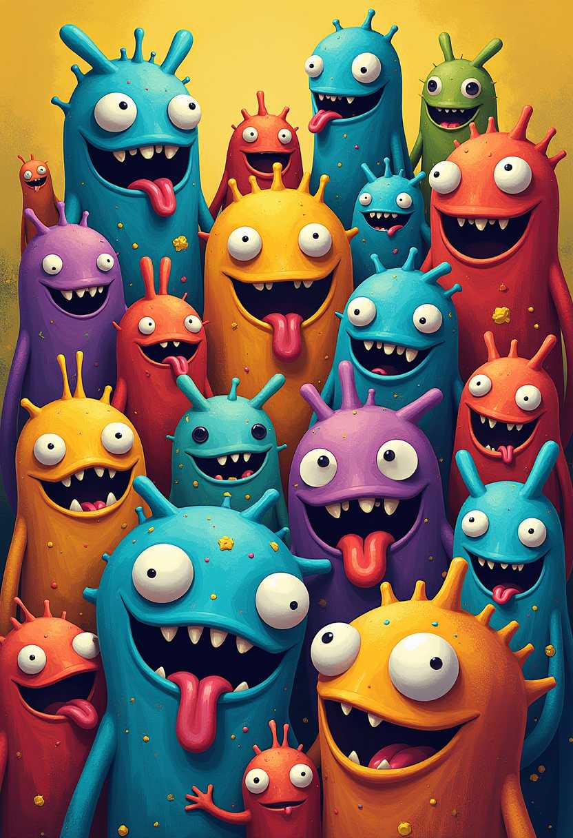 This image is a vibrant and colorful illustration bursting with a variety of whimsical and fantastical creatures. The art style is reminiscent of pop surrealism, with exaggerated features and a playful, cartoonish aesthetic. The medium appears to be a combination of digital painting and traditional illustration techniques, given the smooth blending of colors and the presence of handdrawn textures.The dominant colors are bright and saturated, with a palette that includes blues, yellows, oranges, reds, greens, and purples. These colors are used to create a lively and dynamic atmosphere, with each creature having its own unique color scheme that stands out against the background.The creatures in the image are diverse in form and expression. They have large, bulging eyes and exaggerated facial features that contribute to their comical and endearing appearance. Some creatures have multiple eyes, while others have gaping mouths filled with teeth or tongues sticking out. Their skin textures vary from smooth and shiny to rough and bumpy, with splatters and drips of paint adding to their chaotic and spontaneous look.The objects in the image are primarily the creatures themselves, each with its own distinct characteristics. Some creatures have tentacles or limbs protruding from their bodies, while others have wings or tails. There are also smaller, less prominent creatures scattered throughout the image, adding to the overall sense of a crowded, bustling scene.Overall, the image is a celebration of creativity and imagination, with a playful and joyous energy that invites viewers into a world filled with fantastical creatures and endless possibilities.