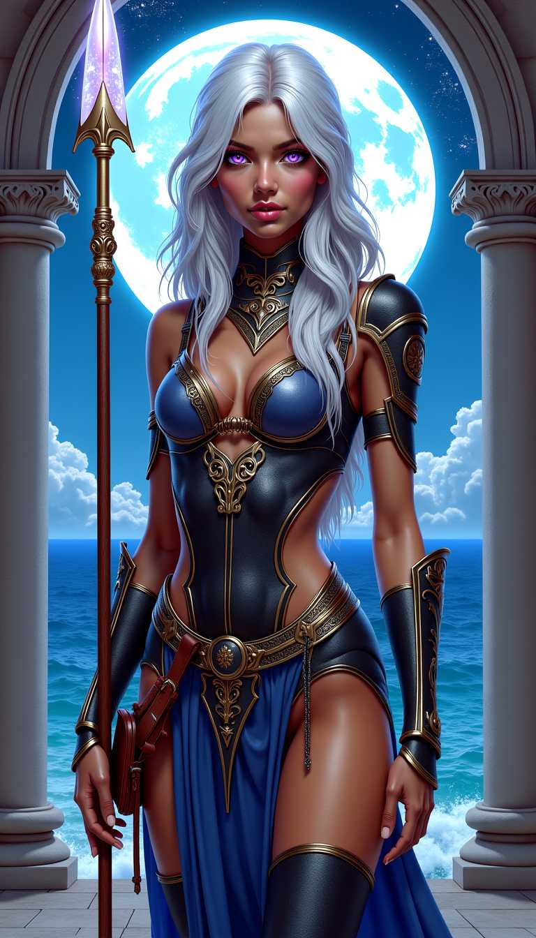 masterpiece, best quality, highres, sharp image, more detail <lora:more_details:0.5> <lora:SDXLrender_v2.0:1>, An indian woman, desiespresso, An indian woman, desiespresso, An indian woman, desiespresso, **Image Prompt:**

A captivating portrait of Chandrelle, a fantasy character brought to life in the sophisticated and organic style of Art Nouveau, blending vibrant colors and bold outlines with the semi-realistic detail of contemporary fantasy realism. Selene stands tall and commanding at 5'10", her wiry, athletic build indicative of intense training. Her dark wheatish complexion reveals her Bangladeshi and Indian ethnicity. Her long, silver-white hair cascades down her back in loose waves, a testament to her untamed spirit, except in battle, when practicality demands it be tied back. She has a small ring pierced into her nostril, indicating her heritage.

Capture her violet eyes, glowing with a mystical arcane energy, adding an ethereal glow to her expression. These eyes are both sharp and piercing, yet capable of soft understanding around trusted allies. Her gaze reflects a blend of intelligence, ambition, and strategic calculation. 

Chandrelle's attire is a perfect fusion of functionality and artistry: intricately designed leather and plate armor that offers protection and freedom of movement, necessary for casting spells, while the scanty coverage exposes enough skin to be sexy and scandalous. Arcane symbols are finely engraved across the armor, their subtle luminescence showcasing her magical prowess. Held in her hand is "Eclipse", an enchanted spear with a blade that shimmers like moonlight and crackles with silvery-blue magical power. At her side, she keeps a small satchel filled with vials of alchemical reagents, runestones, and other arcane tools.

She is standing in an open-air stone temple at night, with the moon rising behind her in the background. The ocean is in the far distance, and the reflection of the moon plays upon the dappled waters.