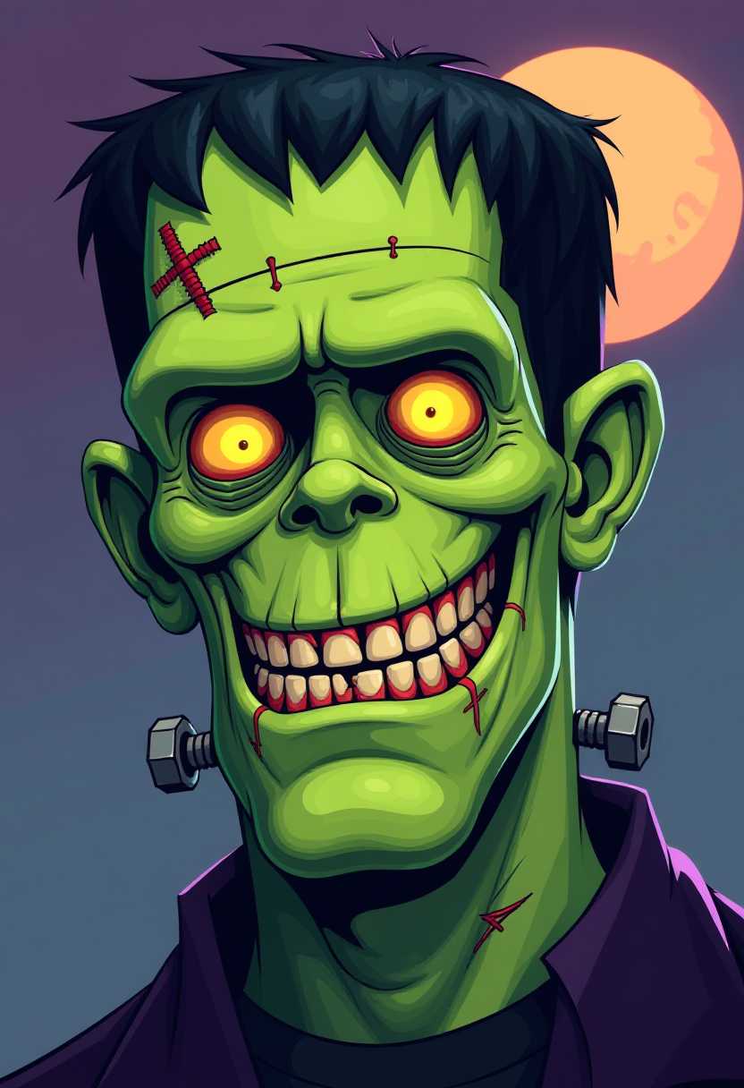 This image is a digital illustration of a stylized monster, which appears to be a modern interpretation of the classic Frankensteins monster. The art style is contemporary with a nod to comic book and video game art, characterized by its bold outlines, flat colors, and exaggerated features.The medium is digital painting, as evidenced by the clean lines and the absence of brush strokes. The colors are vibrant and rich, with a limited palette that emphasizes the dramatic effect. The primary colors are shades of green for the skin, with accents of yellow for the eyes and red for the inner eye and mouth. The hair is a dark, almost black color, which contrasts sharply with the green skin. The background is a gradient of purples and blues, with a lighter, peachcolored circle in the upper right corner, which could be interpreted as a stylized moon or a halo.The monsters face is the focal point of the image. It has a wide, toothy grin that reveals uneven, yellow teeth. The eyes are glowing with a yellowishorange light, giving the creature a fierce and menacing appearance. The skin is textured and uneven, with visible scars and stitching that runs vertically down the center of the face, continuing down the neck. The stitching is detailed with individual threads and knots, adding to the realism of the monsters appearance.On the right side of the monsters neck, there is a mechanical bolt and nut, which are reminiscent of the bolts that traditionally hold the monsters head together. This detail adds to the gothic horror theme of the character.Overall, the image conveys a sense of dark humor and playful horror, with a strong emphasis on the characters menacing and slightly comical features.