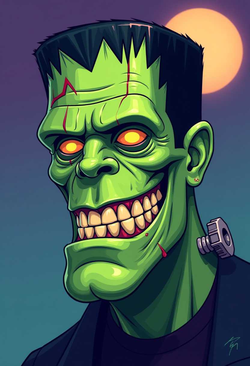 This image is a digital illustration of a stylized monster, which appears to be a modern interpretation of the classic Frankensteins monster. The art style is contemporary with a nod to comic book and video game art, characterized by its bold outlines, flat colors, and exaggerated features.The medium is digital painting, as evidenced by the clean lines and the absence of brush strokes. The colors are vibrant and rich, with a limited palette that emphasizes the dramatic effect. The primary colors are shades of green for the skin, with accents of yellow for the eyes and red for the inner eye and mouth. The hair is a dark, almost black color, which contrasts sharply with the green skin. The background is a gradient of purples and blues, with a lighter, peachcolored circle in the upper right corner, which could be interpreted as a stylized moon or a halo.The monsters face is the focal point of the image. It has a wide, toothy grin that reveals uneven, yellow teeth. The eyes are glowing with a yellowishorange light, giving the creature a fierce and menacing appearance. The skin is textured and uneven, with visible scars and stitching that runs vertically down the center of the face, continuing down the neck. The stitching is detailed with individual threads and knots, adding to the realism of the monsters appearance.On the right side of the monsters neck, there is a mechanical bolt and nut, which are reminiscent of the bolts that traditionally hold the monsters head together. This detail adds to the gothic horror theme of the character.Overall, the image conveys a sense of dark humor and playful horror, with a strong emphasis on the characters menacing and slightly comical features.