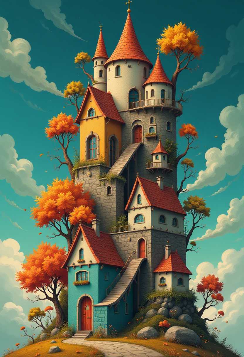 This image is a digital illustration that showcases a whimsical and fantastical town or village. The art style is reminiscent of surrealism, with a touch of fantasy, as the architecture and the natural elements are combined in an unusual and imaginative way. The medium appears to be digital painting, given the smooth blending of colors and the lack of texture that might be present in traditional mediums.The colors in the image are rich and vibrant, with a predominance of autumnal tones. The sky is a deep, dark blue, which contrasts with the warm oranges and yellows of the trees and the buildings. The houses are a mix of earthy browns, blues, and creams, with the roofs in shades of orange, red, and gray. The trees have a fiery orange and yellow foliage, which stands out against the cool blue sky.The objects in the image are numerous and varied. At the base, there are several houses with different architectural styles, including a house with a conical roof, a house with a blue facade, and a house with a red door. These houses are connected by staircases, bridges, and walkways, creating a labyrinthlike structure. There are also several trees with detailed leaves and branches, some of which seem to be intertwined with the houses.As you move upwards, the houses become taller and more fantastical. There are houses with multiple levels, houses with balconies, and houses with chimneys. The architecture becomes more eclectic and less conventional, with some houses having pointed roofs, others with domes, and still others with windows that seem to be floating in midair.The sky is filled with swirling clouds, which add to the dreamlike quality of the scene. The clouds are a mix of white and gray, with some areas that are darker, giving the impression of depth and movement.Overall, the image is a whimsical and imaginative depiction of a fantastical town, with a rich color palette and a surreal blend of architecture and nature.