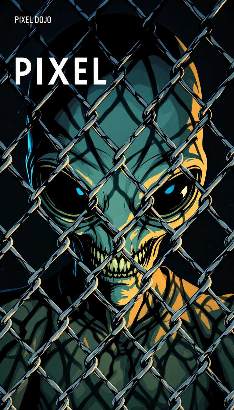 This image is a stylized depiction of an alien creature completely behind a chainlink fence with the words PIXEL DOJO prominently displayed in the upper left corner. The art style is reminiscent of science fiction illustrations, with a focus on dramatic lighting and shadow to create a sense of depth and foreboding.The medium appears to be a digital painting, given the smooth gradients and lack of texture that are characteristic of digital art. The colors are primarily cool tones, with shades of blue, gray, and black dominating the palette. There are also touches of green and yellow, likely representing the aliens skin tone and the light reflecting off the fence links, respectively.The alien itself is depicted with a humanoid form, elongated head, and large, expressive eyes. Its skin is a pale, silverygray, and its eyes are a deep, dark blue, which adds to the creatures otherworldly appearance. The creatures mouth is not visible, which contributes to the enigmatic quality of the image.The chainlink fence is detailed with individual links and shadows cast by the fence, giving it a threedimensional effect. The fence is painted in a dark gray, which contrasts with the lighter blue of the sky in the background. The sky is overcast, with a few wisps of clouds, and there is a full moon in the distance, which casts a soft glow on the scene.In the background, there is a faint outline of what appears to be a military base or facility, with structures that resemble hangars or observation towers. The overall atmosphere of the image is one of mystery and tension, suggesting themes of confinement and the unknown.