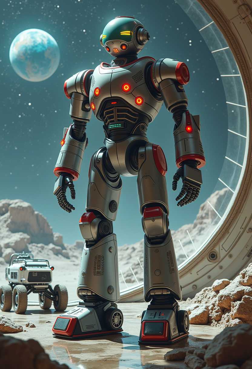 This image features a robot with a futuristic design, reminiscent of the robots seen in science fiction media from the mid20th century. The robot stands with its arms raised, and its torso and legs are made of multiple concentric cylindrical segments, giving it a segmented appearance. The robots head is spherical with a transparent dome on top, and it has a variety of lights and mechanical parts that suggest advanced technology.The robots color scheme is primarily metallic, with shades of silver and gray. The red accents on the robots arms and the circular patterns on the torso add a pop of color to the otherwise monochromatic scheme. The robots head has a gradient of colors, with a lighter top and a darker bottom, and the transparent dome is clear.The robots torso is adorned with a series of colored lights, which are likely indicators of its operational status or functions. The lights are arranged in a grid pattern, with each segment having a different colored light, creating a vibrant and dynamic effect. The robots arms are cylindrical with a red accent at the joints, and they appear to be articulated, allowing for movement.The robots legs are also made of cylindrical segments, with a black and silver color scheme that matches the rest of the robot. The legs are equipped with what looks like wheels or tracks, which would allow the robot to move across various terrains.The lighting in the image is soft and even, casting no harsh shadows and ensuring that the robot is the focal point of the composition.Overall, the image has a retrofuturistic art style, with a nod to the classic robots seen in science fiction from the 1950s and 1960s. The medium appears to be a photograph, given the realistic rendering of the robots details and textures. The colors are vibrant and wellbalanced, with a clear emphasis on the robots design and technology.In the background The lunar landscape is depicted in shades of gray and white, with the rugged terrain and dustcovered rocks providing a realistic texture. The sky is a deep, starry black, punctuated by the bright blue of Earth hanging in the distance.Also a rugged lunar rover, with a white and blue color scheme.