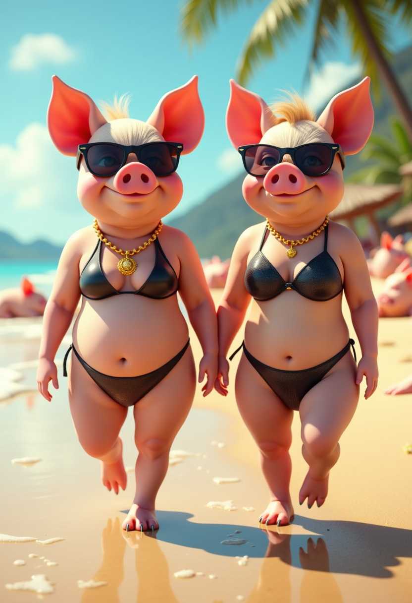 2 characters. 2 female CGI pigs with some eyeliner wearing two-piece outfits walking on the beach. They look suave and rich, wearing gold around their necks and Ray Brand sunglasses.  Perfect bodies, skinny bodies. They are walking confidently with smirking expressions on their faces. The background is full of pigs sunbathing and playing on the beach. Moisture particles in the air. volumetric lighting
