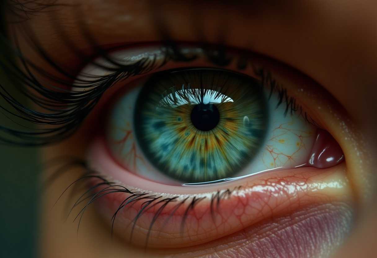 create a hyper realistic close up, looking at camera, ultra high definition, vibrant colour  close up image of a green eye,  showing every veins and textures