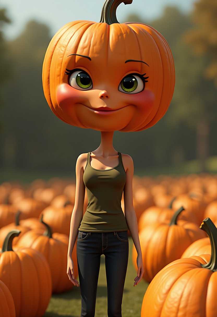 An illustrated pumpkinheaded character in a pumpkin patch