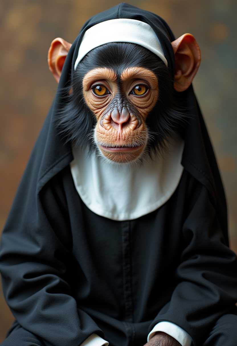 A monkey fully dressed in a nun outfit with a serious expression