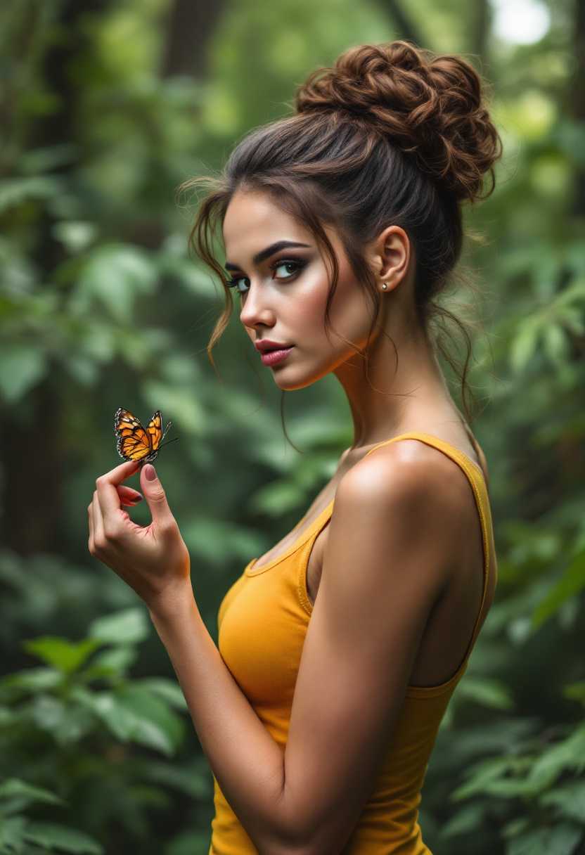 A slender an beautiful woman with brown messy updo bun with side curls, stands sideways confidently in a lush, mystical forest. A colorful butterfly on her finger. She wears a yellow tank top.