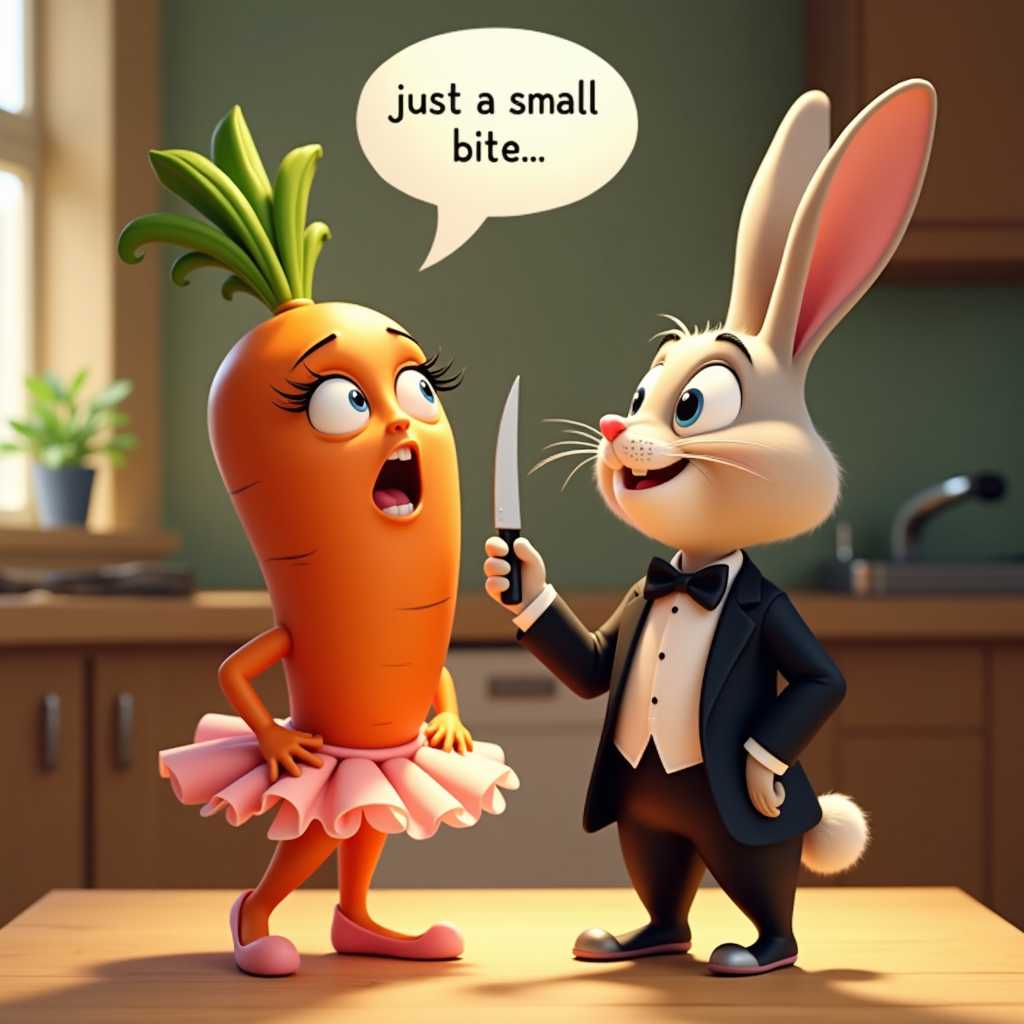Cartoonish in 3d disney Pixar style, funny and hilarious image of an anthropomorphic female carrot with long eyelashes,wearing a tutu skirt and high heels, is standing fearfully next to a rabbit who wears a black tuxedo with a white tie. Rabbit is holding a knife and a fork and is looking at the carrot with lust. A speech bubble above rabbit with the phrase " just a small bite" Bg a kitchen.