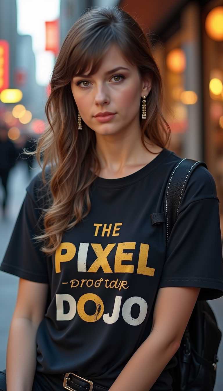 A photo of TOKSWIFTIE woman, she is wearing a shirt that has a "PIXEL DOJO" logo on it