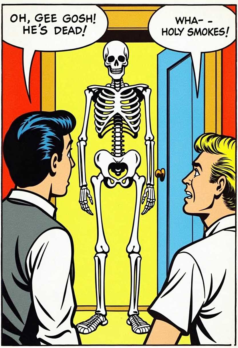This image is a vintage comic strip panel, characterized by its bold lines, flat colors, and speech bubbles. The art style is reminiscent of the 1950s or 1960s, with a nod to the classic American comic books of that era.The medium appears to be ink on paper, with the colors being a limited palette of red, blue, yellow, black, and white. The colors are bright and primary, with no shading or gradients, which is typical of the comic book style.In the foreground, there are two characters, one on the left and one on the right, both facing towards the center of the panel. The character on the left is wearing a gray vest over a white shirt and has dark hair, his seech bubble says OH, GEE GOSH! HE'S DEAD! The character on the right is wearing a white shirt and has light brown hair, his seech bubble says WHA-- HOLY SMOKES!Both characters are depicted with a sense of surprise or shock, as indicated by their wide eyes and open mouths.In the center of the panel stands a skeleton, which is the focus of the characters attention. The skeleton is posed with its arms hanging at its sides, and its head is slightly tilted towards the characters. The skeleton is drawn with a high level of detail, including individual bones and joints, and it has a somewhat menacing expression.The background of the panel is minimal, with a plain yellow wall and a door frame in the upper left corner. The door is open, and the skeleton is standing in the doorway. The floor is not visible, and there are no other objects or characters in the background.Overall, the image conveys a sense of surprise and shock, typical of a classic comic book panel, with its bold lines, flat colors, and speech bubbles. The characters and the skeleton are the focal points, with the skeleton appearing to be the unexpected element in the scene.