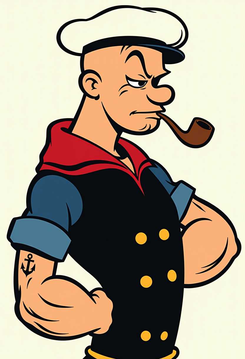 This image features a stylized and iconic representation of Popeye the Sailor Man, a popular comic strip character created by Elzie Segar. The character is depicted in profile, with his head turned to the side, giving us a view of his profile and a glimpse of his left arm.The art style is reminiscent of the classic comic strip art, with bold outlines and flat colors. The medium appears to be digital, as the lines are crisp and the colors are uniform. The colors used are primarily primary and secondary shades, with a limited palette that includes black, red, white, blue, and yellow. The use of these colors gives the image a vibrant and nostalgic feel.Popeye is wearing his signature sailors outfit, which consists of a black shirt with a red collar and cuffs, a white sailors cap, and a red neckerchief. The shirt has a row of yellow buttons down the front, and the sleeves are rolled up to reveal Popeyes muscular arms. His left arm is flexed, showing off the tattoo of an anchor on his bicep, which is a symbol of his profession as a sailor.Popeyes expression is one of determination and readiness, with furrowed brows and a closed mouth. His eyes are squinted, and his cheeks are puffed out, giving him a tough and unyielding appearance. His pipe, which is a staple accessory of his character, is perched on his cheek, and his left hand is raised, as if hes about to throw something or make a point.Overall, the image captures the essence of Popeye the Sailor Man, emphasizing his strength, determination, and iconic look. The simplicity of the design and the use of bold colors and outlines make it easily recognizable and appealing to fans of the character.