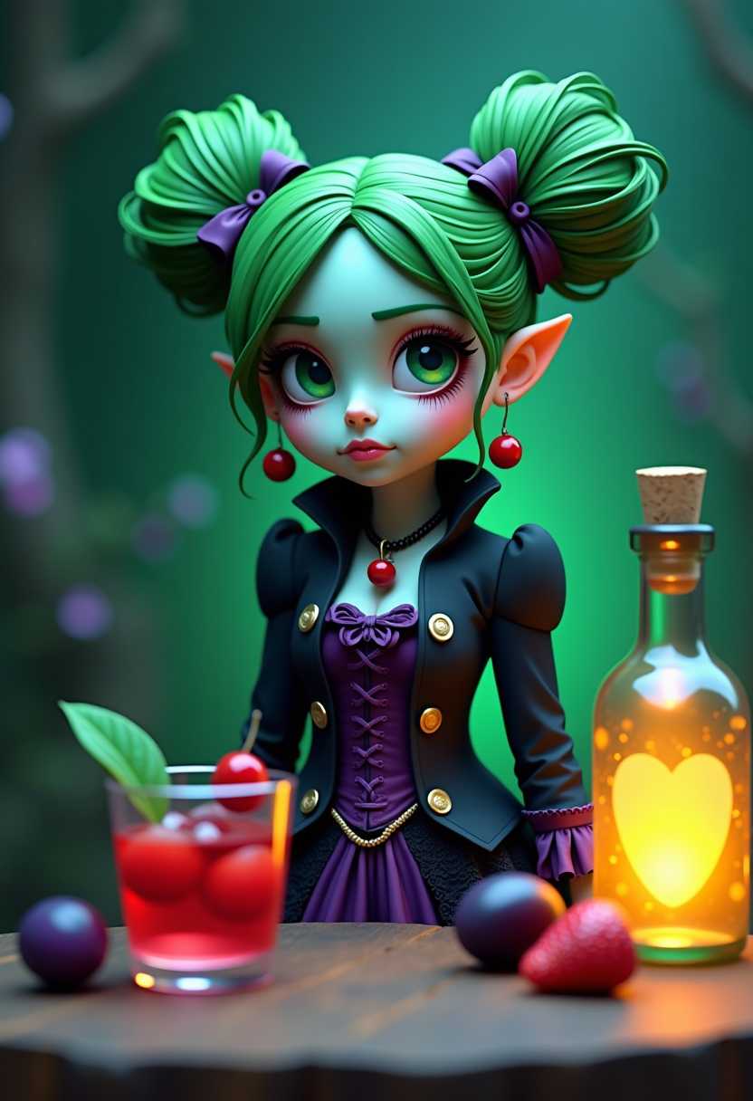 This image features extremely simplified low poly scenery that appears to be painted wood or cardboard that features a stylized and fantastical character. The art style is reminiscent of fantasy or gothic art with a touch of steampunk, evident in the Victorianinspired clothing and the glowing potion in the background. The character is a girl with striking green hair styled into two messy buns, tied with a dark band. Her skin is a pale, almost translucent blue, and her eyes are large, expressive, and a vivid green. She has a melancholic or contemplative expression on her face, with a hint of sadness or longing.She is dressed in a dark, Victorianstyle outfit with a high collar and ruffled cuffs. The jacket is black with gold buttons and a purple lacing on the bodice, which is detailed with a rose. The skirt is a deep purple with a black lace overlay. Her attire is accessorized with a pair of red earrings and a necklace with a heart pendant.In front of the girl, there is a glass of a red beverage with a floating green leaf and a cherry on top, suggesting a fruitbased drink. To her right, there is a glowing potion in a clear glass bottle with a cork stopper, emitting a soft light. On the table, there are also a few fruits, including a strawberry and a purple fruit that could be a plum or a blackberry, adding to the mystical and otherworldly atmosphere of the scene.The background is dark and moody, with a gradient of green shades that give the impression of a misty or foggy environment. The lighting is subtle, with the glow of the potion and the drink providing the only illumination, highlighting the girl and her surroundings. The overall effect is one of enchantment and mystery, inviting the viewer to ponder the story behind this intriguing character.