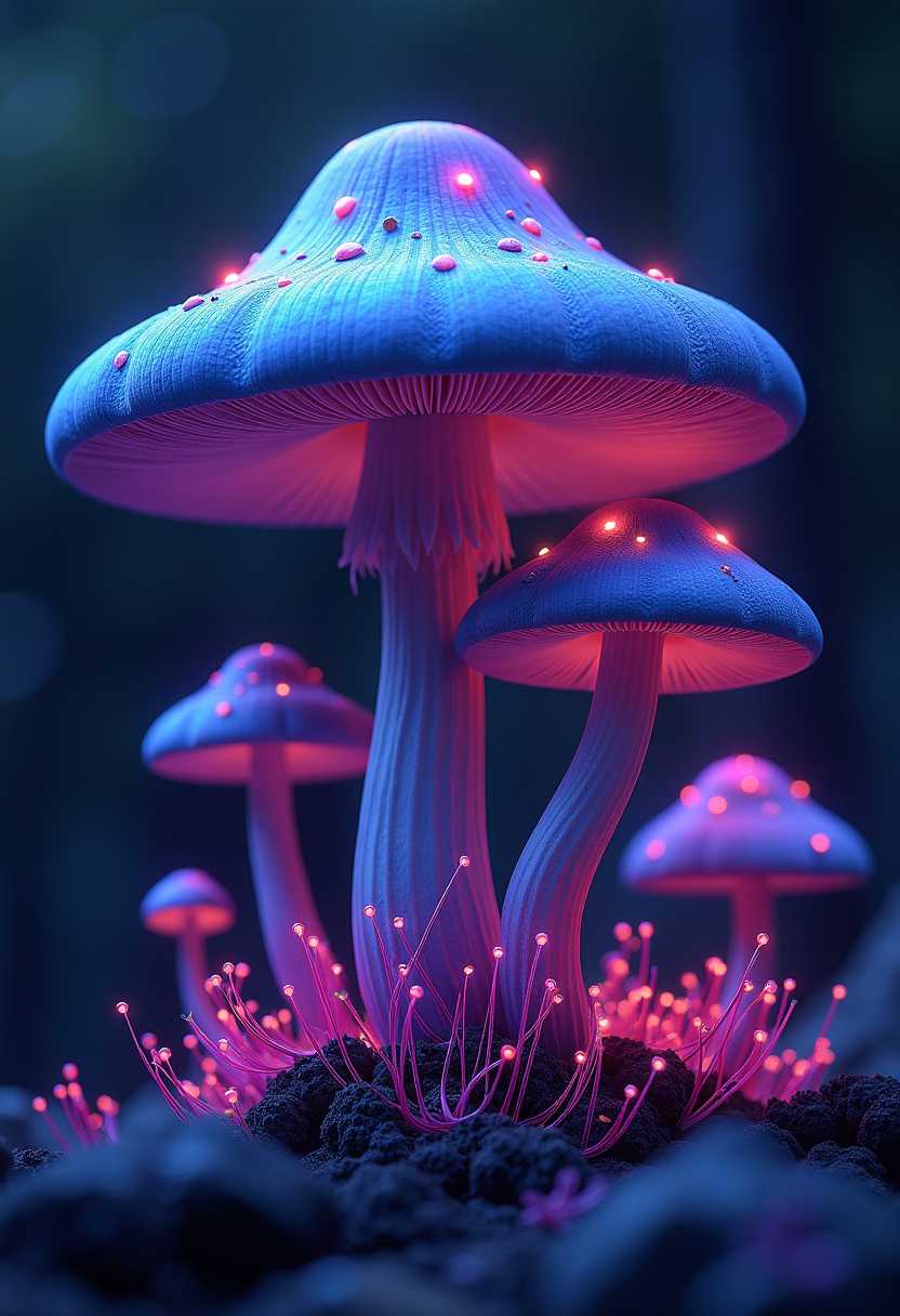 This image is a digital artwork that features a group of mushrooms and their mycelium, portrayed in a highly stylized and surreal manner. The art style is reminiscent of fantasy or science fiction, with a focus on vibrant colors and intricate details that give the scene a magical and otherworldly quality.The medium appears to be a digital painting or illustration, given the smooth gradients and seamless blending of colors. The image has a high level of detail, from the textured caps of the mushrooms to the fine lines that make up the mycelium.The colors in the image are rich and saturated, with a predominance of purples, blues, and pinks. These colors are complemented by touches of black and white, which add depth and contrast to the scene. The lighting in the image is dramatic, with highlights and shadows that give the mushrooms and mycelium a threedimensional appearance.The objects in the image are the mushrooms and their mycelium. The mushrooms are depicted with a variety of shapes and sizes, with the largest mushroom taking center stage in the foreground. The caps of the mushrooms are textured and have a gradient of colors, transitioning from a deep blue at the base to a lighter blue at the top. The stems of the mushrooms are thin and elongated, with a gradient of colors that match the caps.The mycelium is represented by a network of thin, branching lines that radiate out from the base of the mushrooms. These lines are also textured and have a gradient of colors, transitioning from a deep purple at the base to a lighter purple at the tips. The tips of the mycelium are adorned with small, glowing orbs that emit a soft, pink light.Overall, the image exudes a sense of wonder and mystery, inviting the viewer to imagine a world where such vibrant and magical fungi exist.