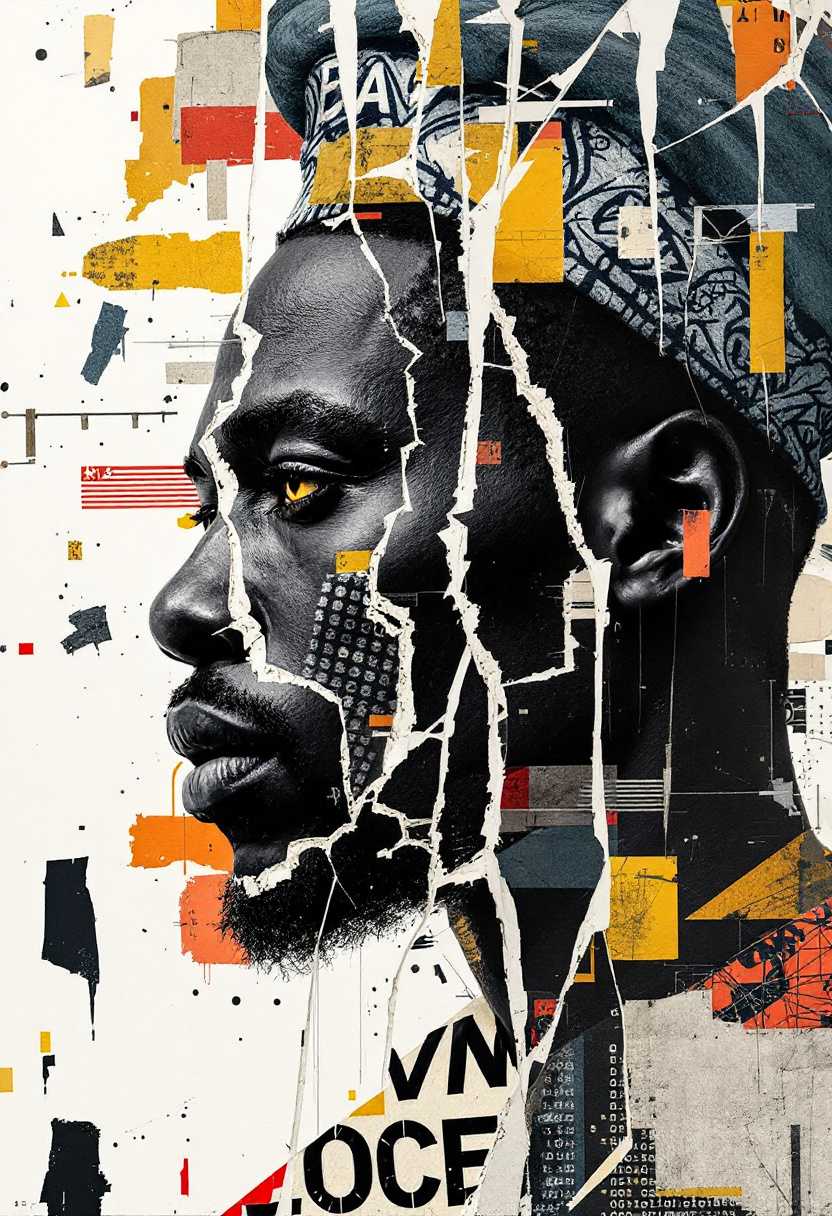 Collage of Identity: A Patchwork of History”
A dynamic collage of torn paper, textured fabric, and bold acrylic paint portraying the diverse experiences of Black culture. The fragmented portrait of a black man in a traditional dashiki is superimposed with industrial elements—steel, rivets, and digital coding—representing the intersection of heritage and modernity.

Aspect Ratio: 2:3 (Portrait)
Camera Settings: Nikon D850, NIKKOR 50mm f/1.4G, f/2.2, 1/250 sec, ISO 200.
Composition: The subject’s fragmented face takes up the right half of the frame, with pieces of his identity spread across the canvas on the left, creating a layered, asymmetric composition.
Lighting: A strong side light emphasizes the textures of the paper and fabric, while soft ambient light softens the digital elements, making them appear as if they are part of the physical collage.
Post-Processing: A combination of real texture overlays and subtle shadow work to make the torn edges of paper and cloth pop off the digital canvas. This technique is inspired by Romare Bearden’s collage work, where identity is pieced together through disparate materials.

