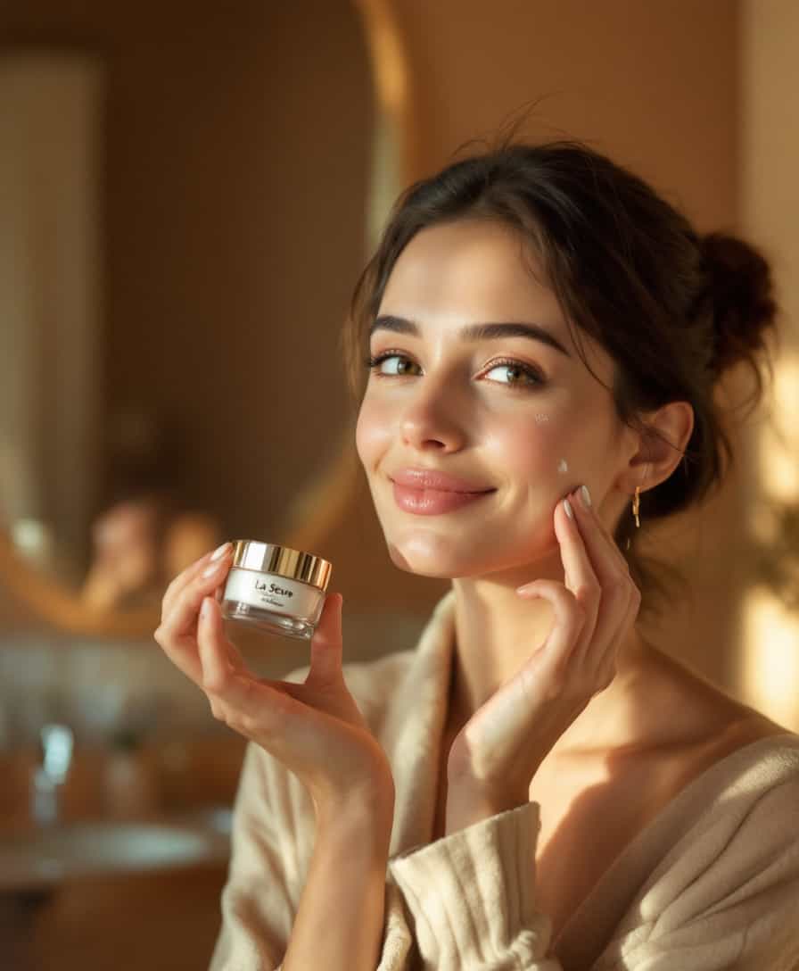 Portrait of a 40-year-old woman applying cream to her cheek, captured in a warm, softly lit environment that creates a serene and intimate mood. The woman's expression is calm and focused, showcasing her smooth skin and subtle smile. She holds a small, elegantly designed jar of cosmetic cream labeled “La Sève” in one hand, which catches a soft glint of light, highlighting the luxurious packaging. The setting is a cozy, contemporary bathroom with earth-toned walls and a large mirror reflecting her reflection. The lighting is natural and diffused, reminiscent of early morning light filtering through sheer curtains, adding a gentle glow to the scene. The composition is a close-up, angled slightly from above, focusing on her face and hands to capture the delicate act of applying the cream. The overall tone is soothing and calm, evoking a sense of care and personal pampering.