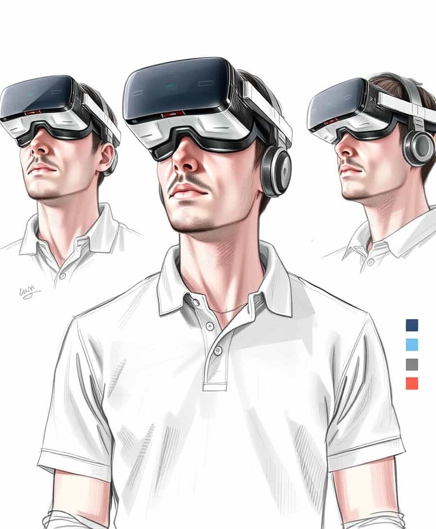 CharacterDesignFLUX, reference sheet, white background, simple background, multiple views, upper body, front, from side, color palette reference, high_detailed, captured in high detail, (a man casual dressed wearing a next generation thin ultra design VR headset with small camera on the front face), magic particles, multiple references, sketch,