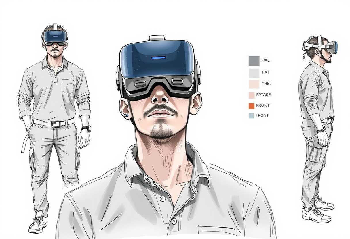 CharacterDesignFLUX, reference sheet, white background, simple background, multiple views, upper body, front, from side, color palette reference, high_detailed, captured in high detail, (a man casual dressed wearing a next generation thin ultra design VR headset with small camera on the front face), magic particles, multiple references, sketch,
