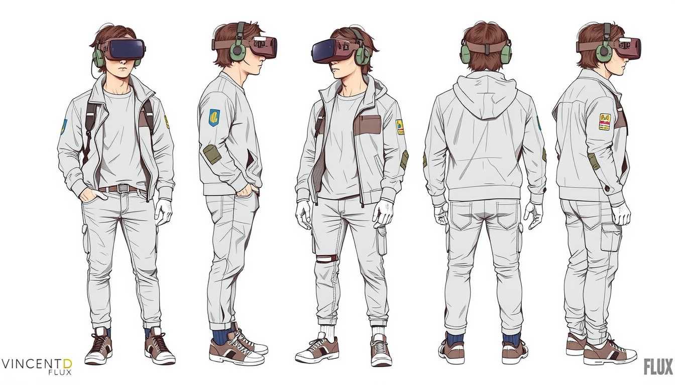 CharacterDesignFLUX, reference sheet, white background, simple background, multiple views, upper body, front, from side, color palette reference, high_detailed, captured in high detail, (VincentD casual dressed wearing a next generation thin ultra design VR headset with small camera on the front face), magic particles, multiple references, sketch,