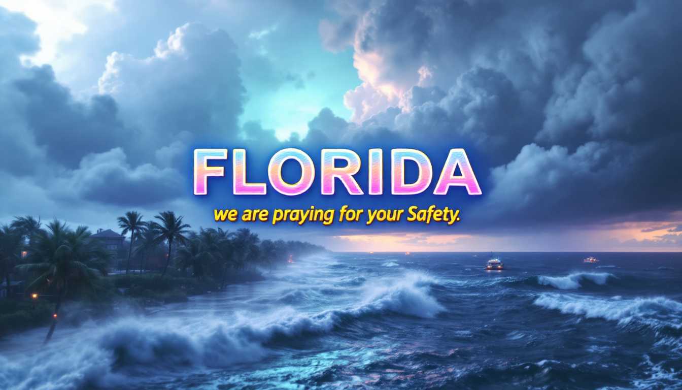 Overlay the title words "FLORIDA, we are praying for your Safety." A 3d photo of a super realistic image of hurricane Milton approaching the coastal city in Florida. Show hurricane:2.3 clouds offshore. Dark storm clouds swirl overhead, high winds whip palm trees, and heavy rain starts to fall. The ocean waves are rough, and some areas near the shore begin to flood. In the distance, emergency workers and vehicles can be seen helping people evacuate. The atmosphere is tense but resilient, with a focus on the community coming together during the storm. Overlay the title words "FLORIDA, we are praying for your Safety." in a whimsical, clear, multi colored shiny bold bubble font. disney pixar