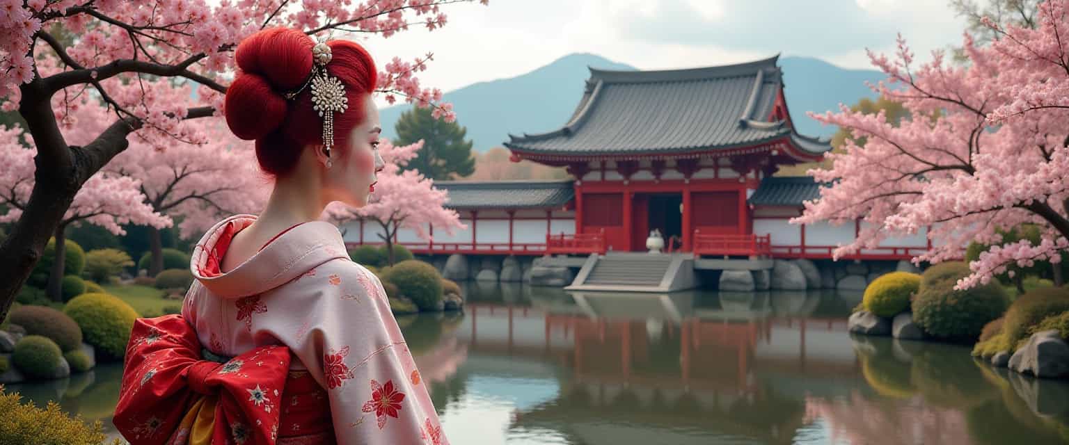 sakura, temple, red-headed geisha, temple garden