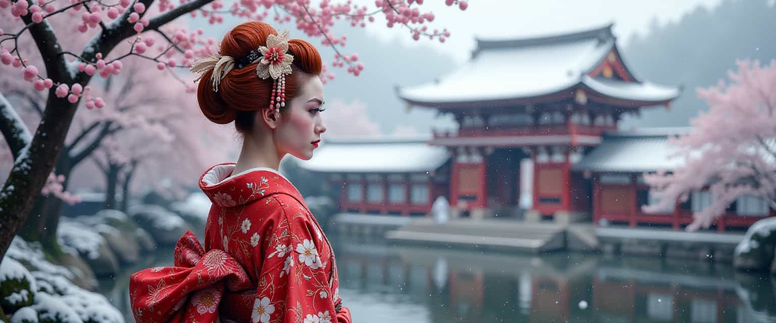 sakura, temple, red-headed geisha, temple garden, heavy snow