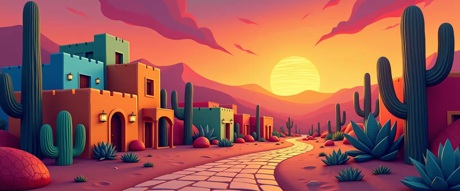 This image is a digital illustration that captures a vibrant and colorful scene of a sunset over a stylized town or village. This image features simplified 3d characters and scenery that appears to be painted wooden figures or puppets without strings.The colors in the image are rich and dynamic, with a warm palette that shifts from deep oranges and reds at the horizon to cooler purples and blues in the sky. The sunset casts a golden glow over the town, highlighting the textures and contours of the buildings and the surrounding landscape.The town is depicted with a variety of buildings, each with its own distinct shape, size, and color. The architecture seems to be inspired by Southwestern or Mexican styles, with flat roofs, adobe walls, and colorful facades. The buildings are stacked closely together, creating a sense of depth and density in the scene.Throughout the town, there are several cacti and succulents, which add to the desertlike atmosphere. These plants are depicted with a high level of detail, showcasing their spiky textures and the way they sway slightly in the breeze.The sky is filled with abstract shapes and swirls of color, resembling clouds or smoke. The sun itself is a large, round orb, taking up a significant portion of the sky. It casts a soft shadow behind it, giving the impression of its weight and size.The foreground of the image features a winding path made of stone tiles, leading the viewers eye through the scene. The path is lined with low shrubs and small trees, adding to the sense of a livedin and inhabited space.Overall, the image exudes a sense of warmth, energy, and tranquility, inviting the viewer to imagine themselves in this colorful and peaceful town at sunset.