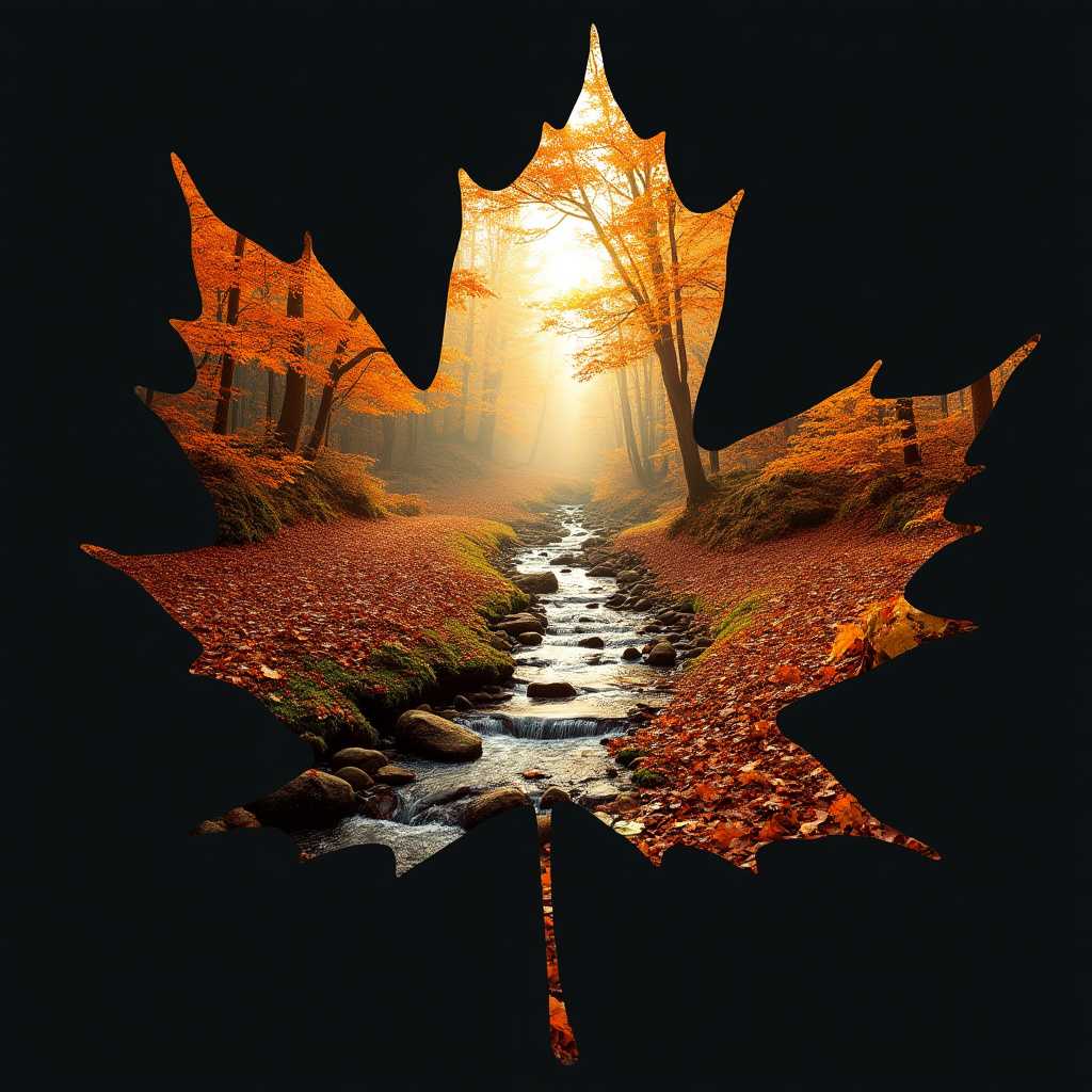A photorealistic image of a giant translucent maple leaf filled with an autumnal mountain trail scene. The trail is covered with fallen maple leaves, beside it is a stream with crystal clear running water, dawn light pierce through the foliage casting golden lining on all the stuff within the giant leaf’s silhouette. The background is completely black, making the leaf and the scene within appear to glow. In a style reminiscent of a double exposure photograph.
