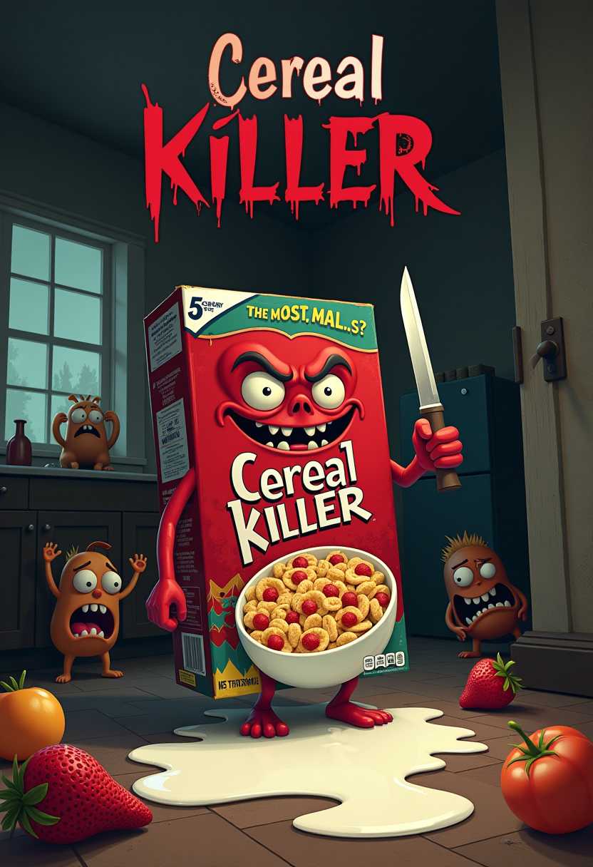 create a spooky yet humorous horror movie poster featuring a menacing cereal box character holding a knife, title "Cereal Killer" on the cereal box, standing in the kitchen with milk spilled all over the floor. A group of terrified breakfast foods, fruits, toast, hide in the background. The tagline with the words "The Most Important Meal... of Your Life" with the title "Cereal Killer" on the cereal box, dripping, milk-spattered horror font.