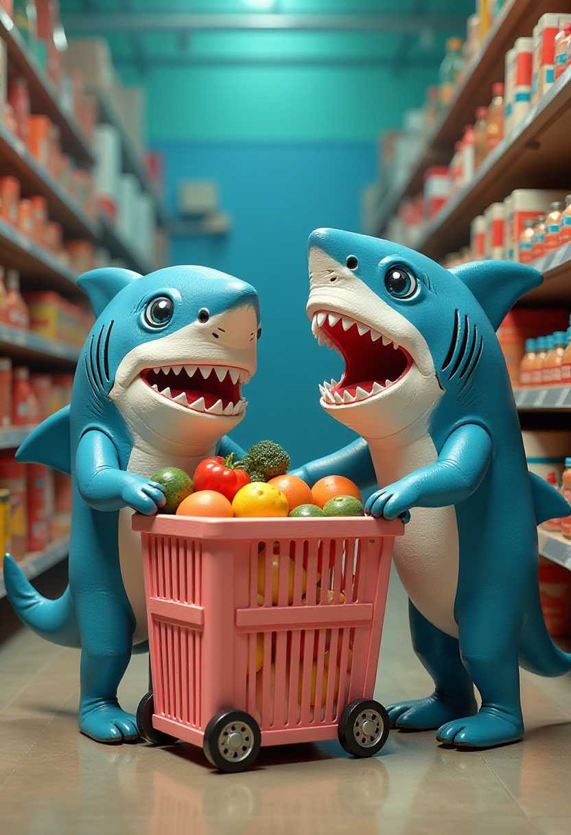 3d paper mache cartoon style pathetic sharks shopping for groceries