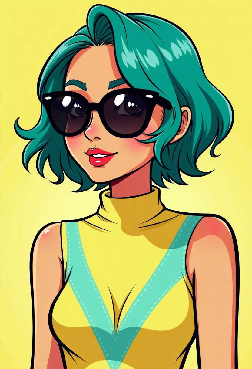 This image is a stylized digital illustration of a female character. The art style is reminiscent of pop art with its bold outlines, flat colors, and exaggerated features. The medium appears to be digital painting, given the smooth gradients and lack of texture.The character has short, tealcolored hair with a slight wave, giving it a dynamic feel. The hair is outlined in a thick black line, which contrasts sharply with the teal color, emphasizing the volume and shape of the hair.The character is wearing a sleeveless top with a high neckline. The top is a combination of a pale yellow and a turquoise color, with the turquoise forming a Vshape that wraps around the neck and shoulders. The yellow and turquoise colors are outlined in black, which adds to the pop art aesthetic.The character is also wearing a pair of large, round sunglasses with a black frame and white lenses. The sunglasses are a focal point of the image, and their reflection on the hair adds depth and realism.The overall color palette of the image is bright and vibrant, with a predominance of teal, yellow, and black. The use of flat colors and bold outlines gives the image a modern and playful feel. The lighting in the image is soft and diffused, with no harsh shadows, which contributes to the overall cheerful and friendly mood of the artwork.
