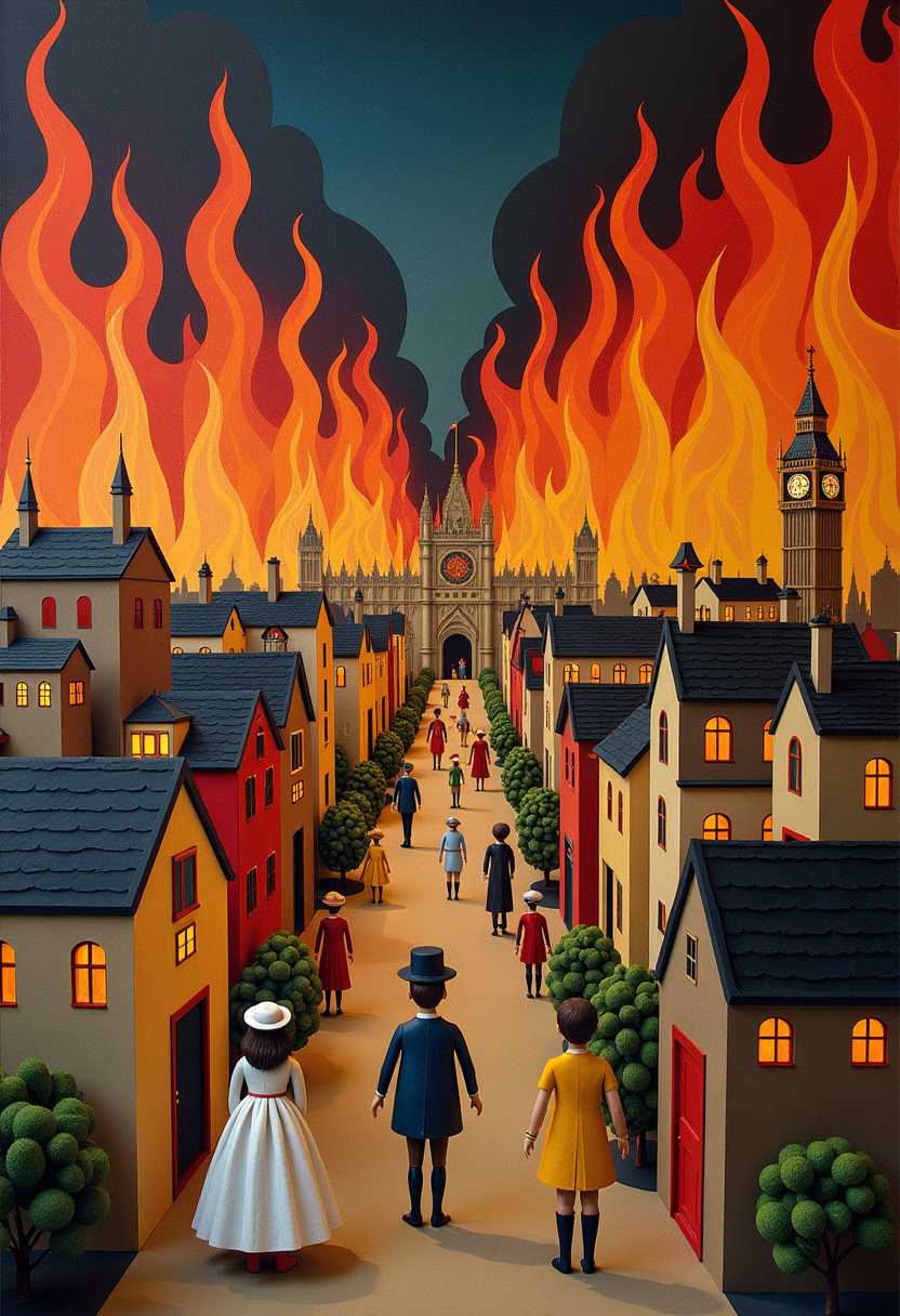 This image features simplified 3d characters and scenery that appears to be painted wooden figures or puppets without strings characterized by bold outlines, flat colors, and exaggerated shapes. The great fire of london, 1666